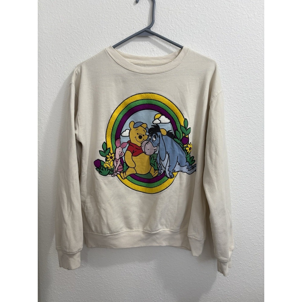 DISNEY WINNIE the POOH EEYORE Tufted Graphic Crew Sweatshirt Cream Size Medium